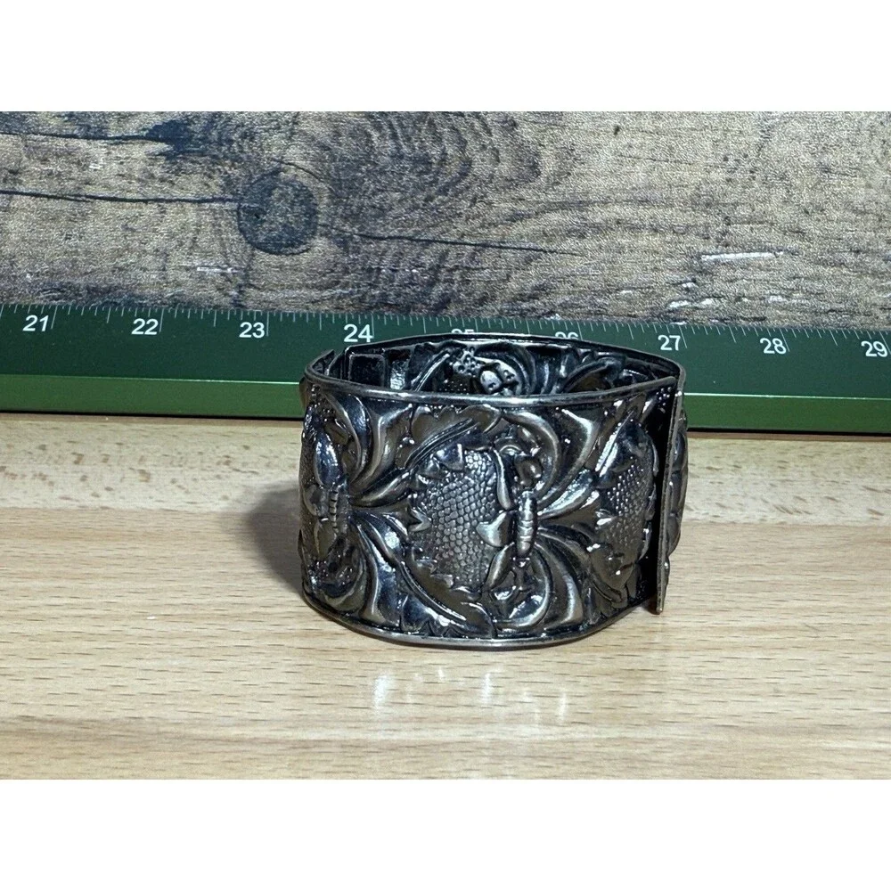 Unique Vintage Silvertone Art Nouveau Bracelet Repousse  Renaissance Rustic